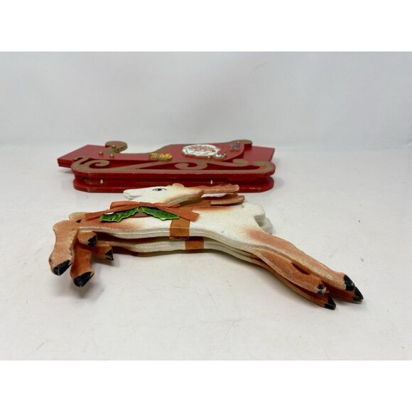 Vintage 1950s Red Wooden Santa Sleigh With Felted Reindeer Japan Folds Flat - Picture 12 of 15